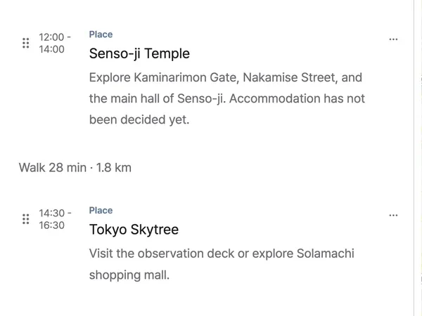 A timeline with a walk of 28 min · 1.8 km between two stops.