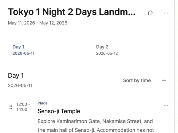 A Verne timeline showing the trip title, dates, Day 1 and Day 2 tabs, and the first stop.